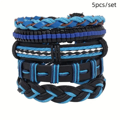 5 Pcs Men's PU Leather Hand Woven Multi-Layer Braided Blue Wristband Bracelets